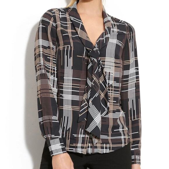 Trina Turk Women's Dame Abstract Plaid 100% Silk Tie Blouse Size 2 Black - Picture 1 of 12